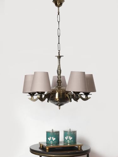 Image of Devansh 05 Lights Grey conical Cotton Shade with Antique Golden Chandelier