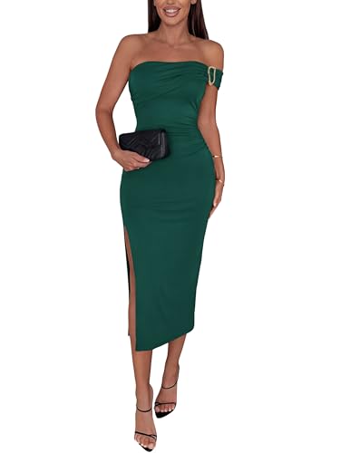 MASCOMODA Womens Summer Off Shoulder Bodycon Midi Dresses Formal Side Slit Long Going Out Strapless Party Cocktail Dress(Dark Green,Medium)