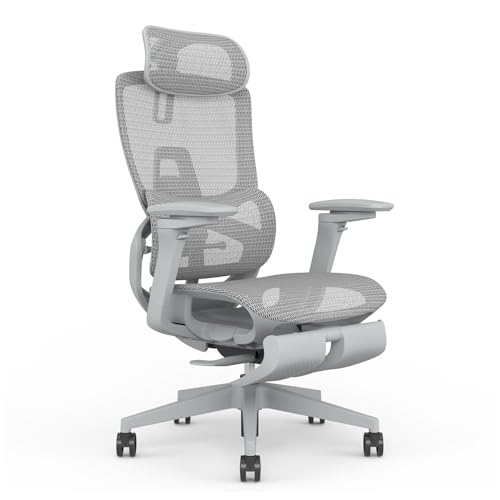 Skyland Ergonomic Office chair - High-Back Mesh Design 4D Armrests desk chair with Adjustable Lumbar Support & Footrest Seat Depth Adjustment كرسي مكتب (Grey)