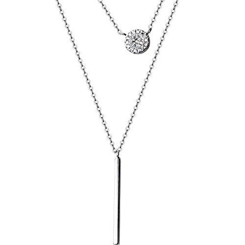 Gargantilla con barra redonda de circonio geométrico multicapa para mujer, collar con colgante, joya de cadena de plata de ley 925