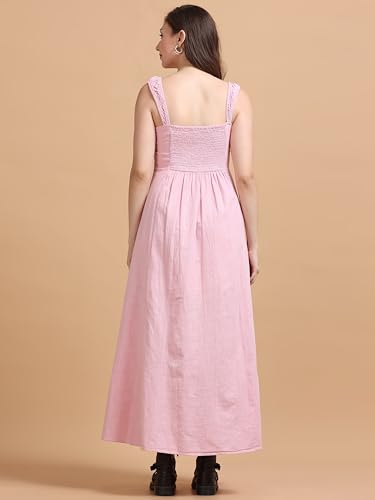 Image of Glam & Chique Women's 100% Cotton Textured Self Design Smocked Maxi Dress-XS-2XL