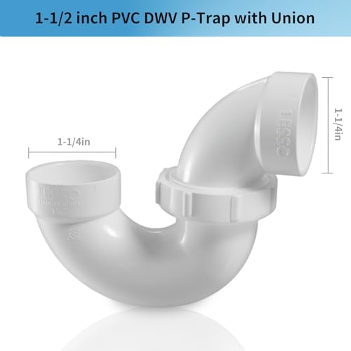 Image of LESSO PVC P Trap 1 1 /2 Inch | DWV PVC Fitting for RV Drain Bathroom Kitchen Sink Drain Pipe Tubular Kit with White Threaded Adapter Ring