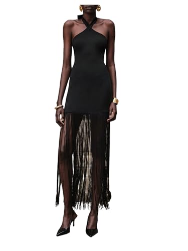 BEAUDRM Womens Tassel Halter Long Dress Sexy Fringe Tie Backless Bodcyon Party Club Sundresses Black Small