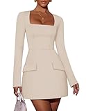 ZESICA Women's 2026 Spring Long Sleeve Bodycon Mini Dress Casual Square Neck Slim Fit Cocktail Party Short Dresses,Apricot,Medium