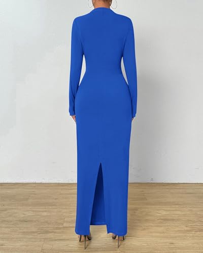 Image of BTFBM Women Bodycon Maxi Dress Long Sleeve Back Slit Ruched Elegant Party Cocktail Formal Fall Wedding Guest Dresses