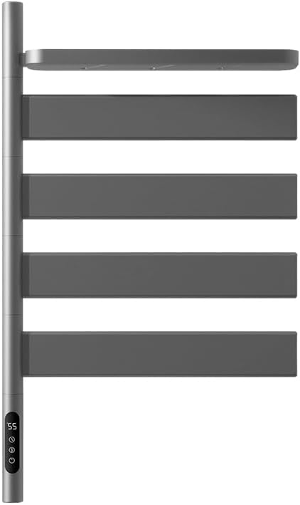 Electric Heated Towel Rack, Wall-Mounted, 5-Bar Rotating Design with Shelf, Black Matte Metal, WiFi Smart Control, Touch Panel Timer, 15x4x26 Inches, Hardwired or Plug-in (WiFi-Grey)