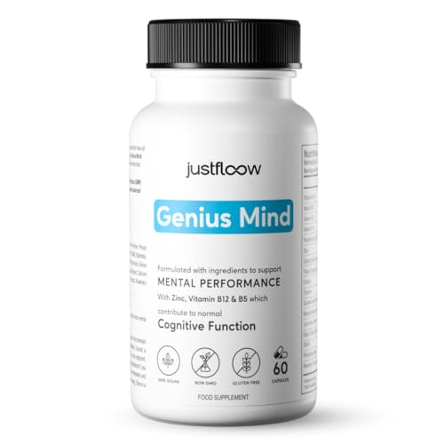 JustFloow Genius Mind Nootropic Brain Supplement Support Cognitive Function Energy Levels Focus & Memory Function - 16 Brain Boosting Ingredients Including Lions Mane Bacopa Ginkgo & Vitamin B12