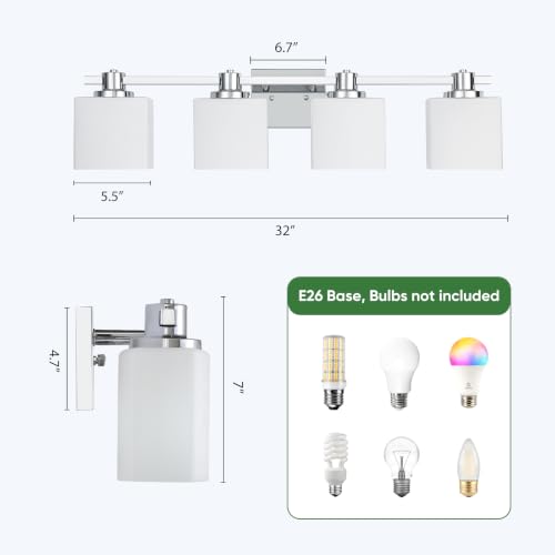 Image of 32 Inch Chrome Bathroom Light Fixtures Over Mirror 4 Light Bathroom Vanity Light Silver Modern Industrial Makeup Lighting Wall Sconce Shower Farmhouse Rustic Milk Glass Lamp Above Desk Sink