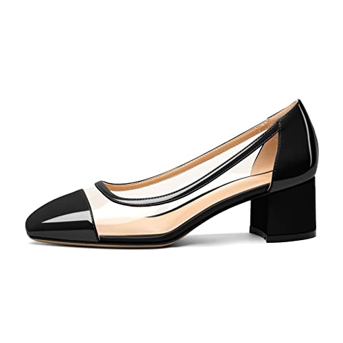 AUMOTED Women's Transparent Pumps Square Cap Toe Heels Slip On Patent Leather Clear Chunky Mid Heel Pumps Shoes 2 Inch2