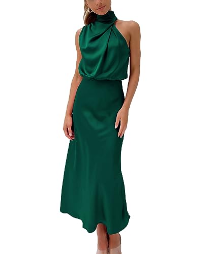 BDSCZW Damen Elegant Satin Kleid Ärmellos Hohe Taille Hochzeit Formal Hochzeitsgast Cocktailkleid Ballkleider Partykleid Midikleider(ML,M)