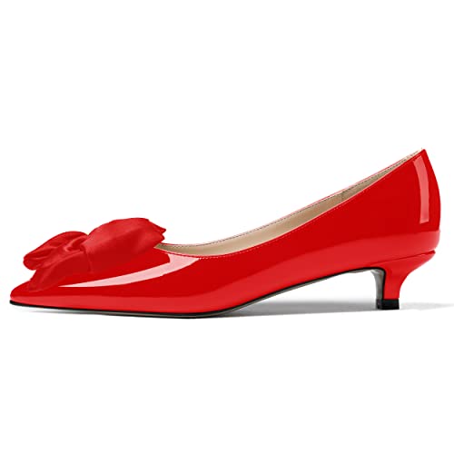 WAYDERNS Women's Slip On Patent Pointed Toe Bow Decoration Kitten Low Heel Pumps Shoes 1.5 Inch2