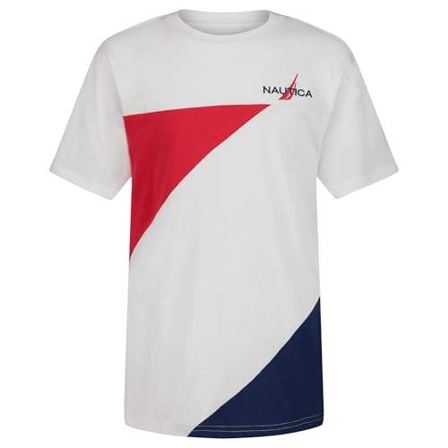 Nautica Boys' Short Sleeve Fashion Crew Neck T-Shirt, Soft, Comfortable, Relaxed Fit, Pieced Bright White, 18-20