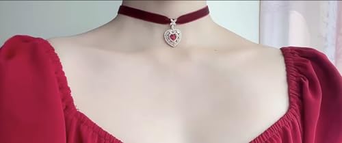MOMOCAT 14K Gold Plated Imitation Ruby Love Zircon Necklace Red Heart Crystal Pendant Velvet Choker Necklace for Women 90s Goth Chocker Cute Vampire Accessories Womens Jewelry2