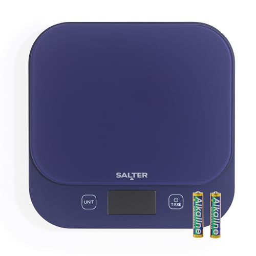 Salter British Bakes Báscula de Cocina Digital – Alta Capacidad de 10kg, Mide Líquidos, Resistente al Agua, Función Tara, Plataforma de Vidrio, Precisión de 1g, Pantalla Iluminada, Morado