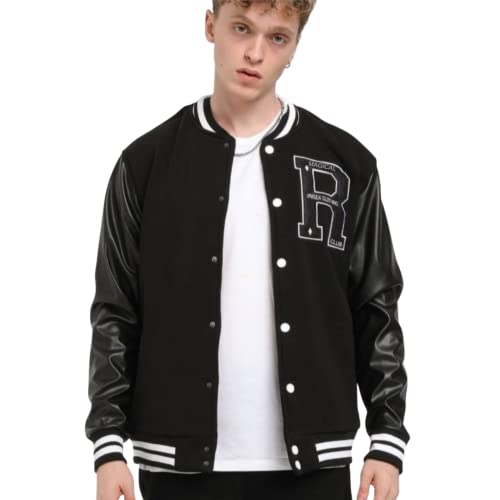 Men's Varsity Jacket with Black Letterman Baseball Style and Leather Sleeves