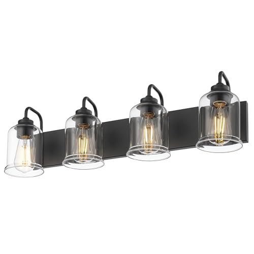 Image of zeyu Modern Bathroom Light Fixtures, 4 Light Vanity Lighting, 28.5 inch Bathroom Mirror Wall Light, Matte Black Finish with Clear Glass Shade, ZSL72B-4W BK