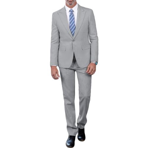 Men's Linen Suits Regular Fit Casual 2 Piece One Button Blazer Jacket