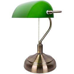 Lamparas De Mesa Verde Agua BEL AIR HOME - Lámpara Sobremesa Bancario de Metal y Cristal Verde, Estilo Vintage, E-27 (bombilla no incluida) - 27x19x38cm (CUERO/VERDE)