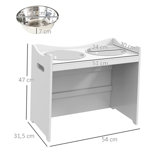 PawHut Erhöhter Hundenapf Höhenverstellbar Futternapf mit Ständer Wassernapf 2 x 2L Edelstahlnäpfen Langsamfutternapf verstellbar Fressnapf Futterstation Hundenäpfe für alle Hundegrößen, Weiß