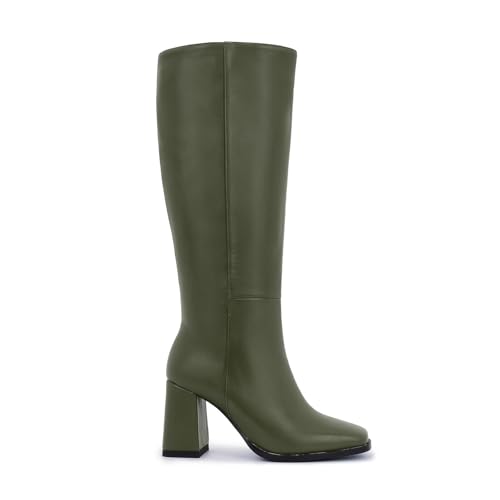Image of Knee High Boots for Women - Wide Calf Boots with Zipper, Square Toe Tall Leather Boots, Chunky Heel Fashion Long Boots