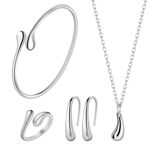 4PCS 925 Sterling Silver Jewelry Set for Women Teardrop Pendant Necklace Earrings Bracelet Ring Fit with Party Meeting Dating Wedding Daily Birthday Love Gift