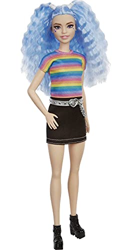 Barbie GRB61 - Fashionistas Puppe (blaue Haare) mit Zubehör, im Outfit mit Regenbogen-Shirt und Schuhen, Spielzeug für… – Bild 7