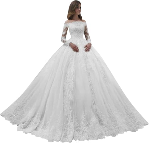 Lace Appliqued Wedding Dresses for Bride Women's A Line Long Puffy Tulle Bridal Gown with Train