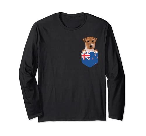 New Zealand Flag Russell Terrier Dog In Pocket Long Sleeve T-Shirt, Black