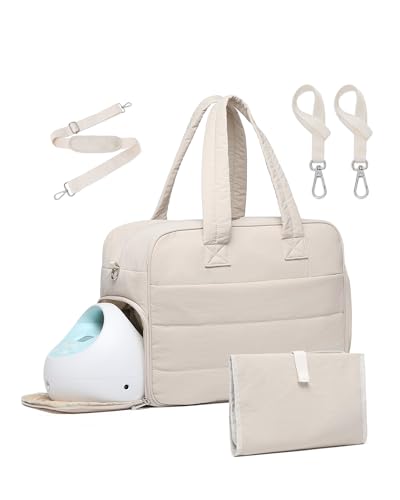 Diaper Bag with Breast Pump Laptop Compartment, Puffer Quilted Tote Bag with Baby Changing Pad Stroller Buckle Straps