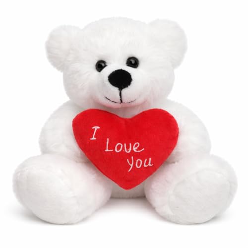Offer Shop White Teddy Bear with Red Heart 8 Inch Soft Plush Teddy with I Love You Heart for Valentines Day Anniversary Birthday or Romantic Surprise | Gift Ideas for Girlfriend