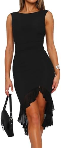 BORIFLORS Women's Elegant Ruched Bodycon Ruffle Cocktail Midi Dre...