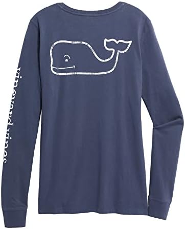 vineyard vines Women's Long-Sleeve Vintage Whale Pocket Tee, Blue Blazer, Medium