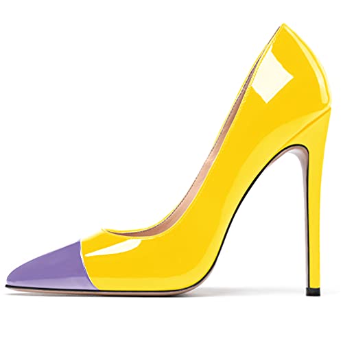 WAYDERNS Women's Patchwork Pointed Toe Solid Patent Slip On Stiletto High Heel Pumps Shoes 4.7 Inch2