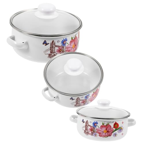 VERDANVERSE 3pezzi Pentola Smaltata Coperchio da Cucina Pentola per Zuppa in Smalto Resistente al Calore Due Manici per Cucinare in Casa per Stufati Tradizionali