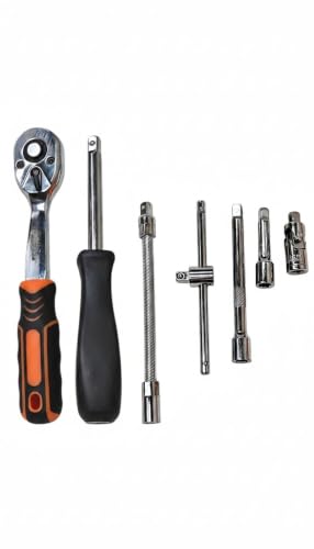 Image of 46 Pcs 1 /4 Inch Drive Ratchet Socket & Bit Set, Chrome Vanadium Steel Tool Kit with Knurled Sockets, Mirror Finish & Heavy Duty Grip Handle for Home, Garage & Workshop