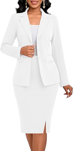 White 2 Piece Outfits for Women Elegant Blazer Jacket Skirts Sets Two Piece Business Formal Office Suit Sets with Pockets(Medium)