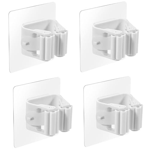 KIRZAX Porta Scope Parete 4 Pezzi, Appendi Scope a Muro Autoadesivo,ABS Portascope da Muro Regolabile Appendibile, Non c'è Bisogno di Punzonare,per Bagno, Cucina, Balcone e Garage(Bianco)
