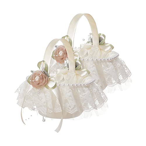 Fofetbfo 2 cestas para flores de novia, con flores de encaje blanco, con rosas y perlas de seda, elegante cesta de flores de raso, para bodas, ceremonias y fiestas