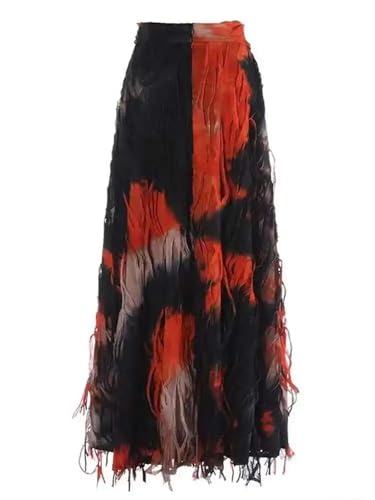 Women's Midi Skirt Vintage Zipper Gradient Tie Dye Pleats A-Line Tassel Party Wedding Long Skirts3