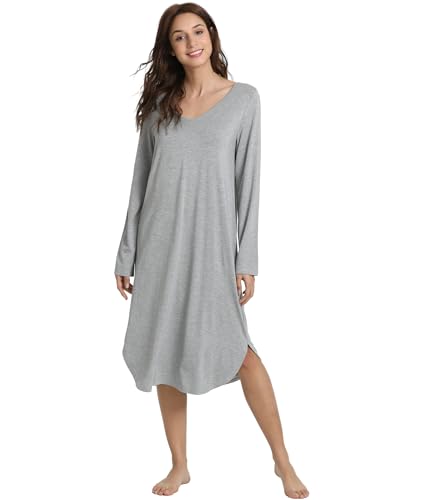 NACHILA Nightgowns for Women-Viscose Made from Bamboo,Long Sleeve Sleep Shirt Soft Nightshirts V...