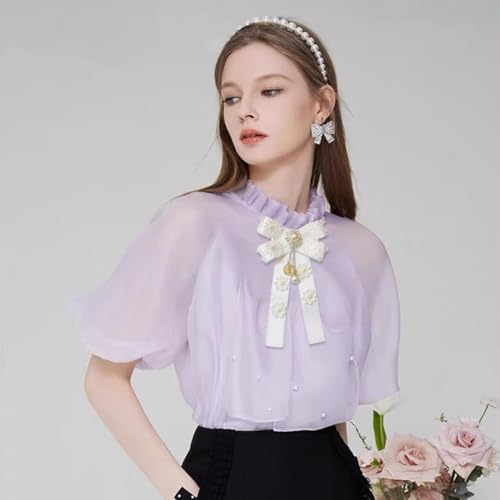 Image of Lace Ribbon Bow Tie Brooch Rhinestone Pearl Necktie for Girl Women Fashion jabot collar brooch pins Pre-Tied Corsage