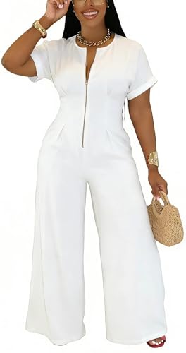 YUEWOO Jumpsuits for Women Sexy Zip Up Short Sleeve Casual Wide Leg Long Pants Rompers One Piece Jumpsuit Summer Club Outfits White M