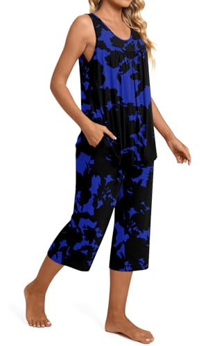 Image of TAOHUADAO Womens Summer 2 Piece Pajama Sets, Sleeveless Tops with Capri Pants, Lounge Ladies Pjs Sets with Pockets
