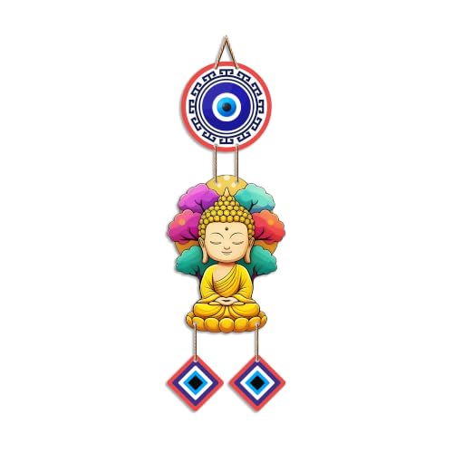 Image of Artvibes Buddha Serenity Wall Hanging with Evil Eye Protection Charms | Spiritual Decorative Hanging for Meditation | Yoga and Prayer Rooms | Wooden Home Decor Accent for Living Room (WH 85100N)