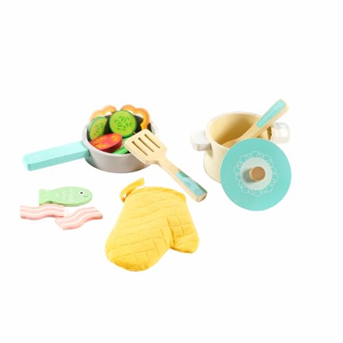 ODS - Maisonelle Nature, Playset Pentolini con Alimenti, Giocattolo per Bambini in Legno, con Guantone, Padella, Utensili, Età Consigliata +3 Anni