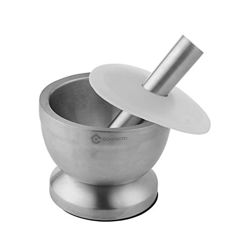 Comfecto 18/8 Stainless Steel Mortar and Pestle Spice Grinding Pill Crusher with Lid for Crushing Grinding Design with Anti Slip Base and Comfy Grip