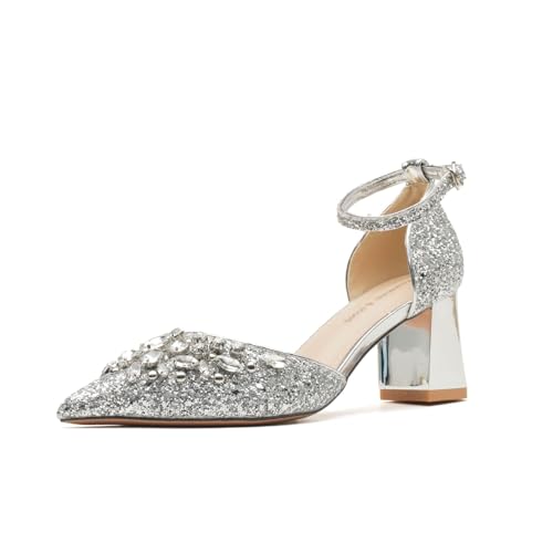 AMAZIDEAL Women's Rhinestone Sequined Chunky Heeled Pumps,Sexy Pointed Closed Toe Block Heel Buckle Sandals,Wedding Party Dress Heels