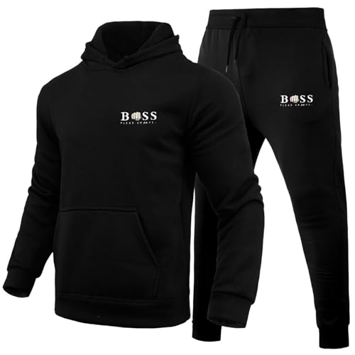 WAZHAKU Survêtement de sport pour homme, long, confortable et surdimensionné, 2 pièces, sweat à capuche et pantalon, avec motif de lettres créatives, pour l’automne et l’hiver, c noir, L