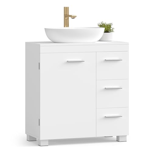 VASAGLE Under Sink Bathroom Cabinet Storage Cabinet with Feet 3 Drawers 2 Compartments Behind the Door for Washbasins with Pedestal 30 x 60 x 64 cm Cloud White BBK514WB01