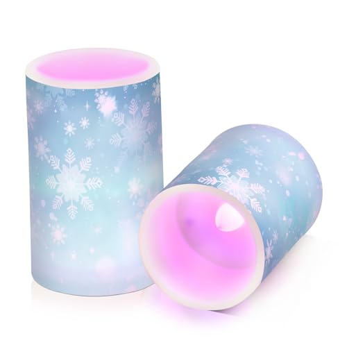Image of Christmas Lights Flameless Candles Teal Turquoise Snowflake Pillar Candles Set of 2 Battery Operated Remote Control Warm Lights Home Decor